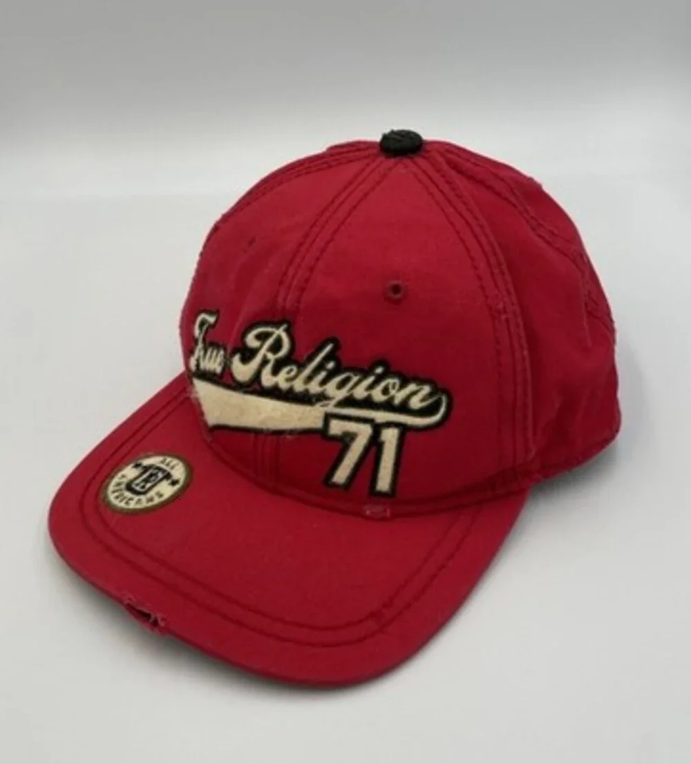 True Religion One Size Fits All Hat Red Embroidered Spellout 71